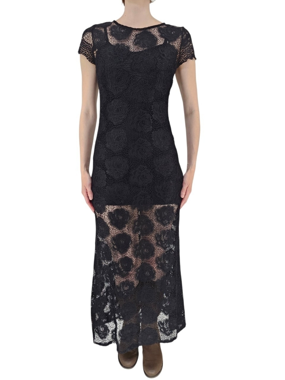 Alicia + Megan Black Floral Lace Maxi Dress Sheer Overlay Built In Slip XS S
